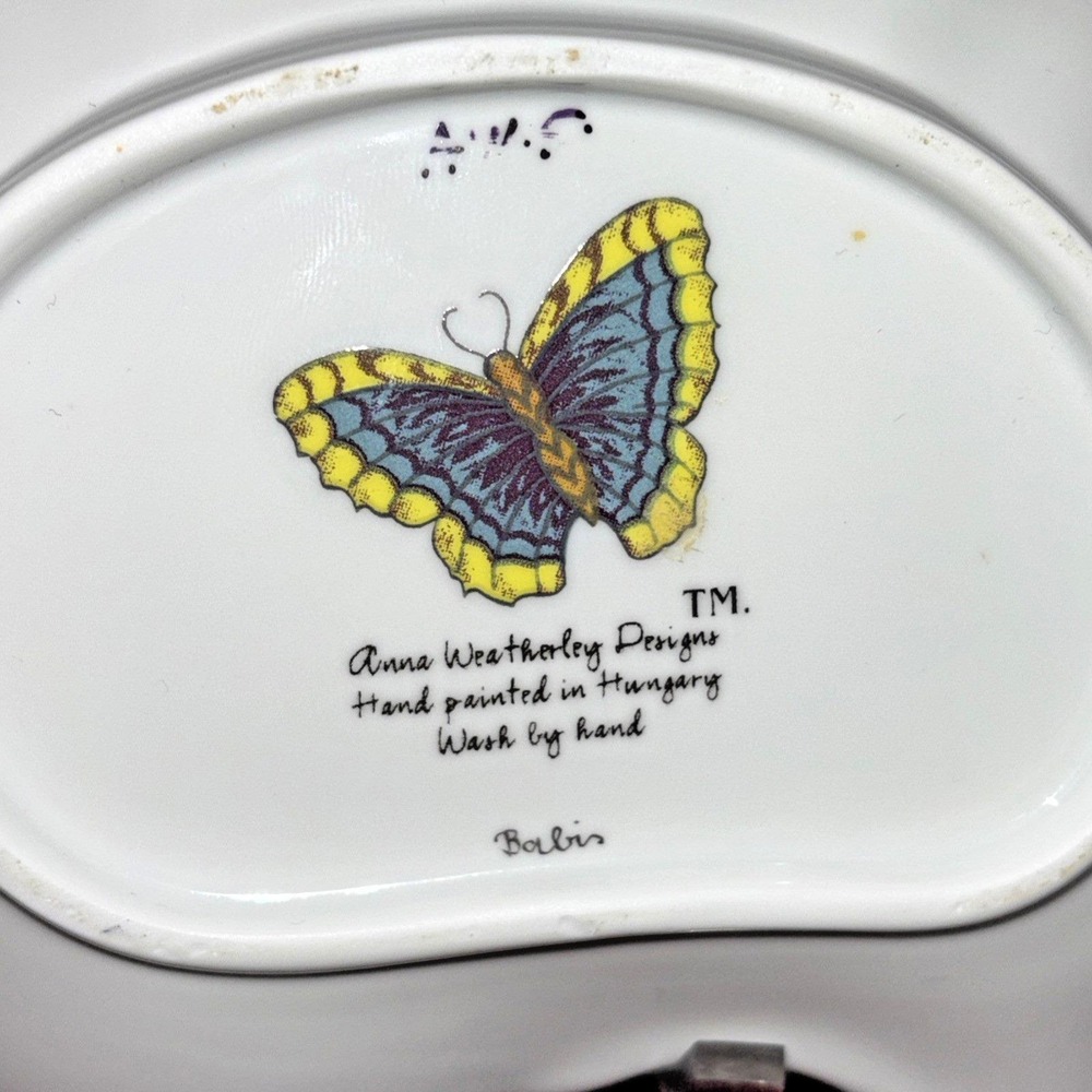 Anna Weatherley Handpainted Dragonfly Pansy Leaf Insect Accent Trinket Dish RARE - Picture 3 of 11